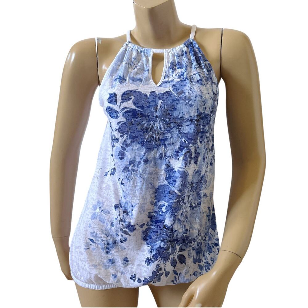 INC International Concepts Sequined Keyhole Tank Top Small Blue Floral Sheer